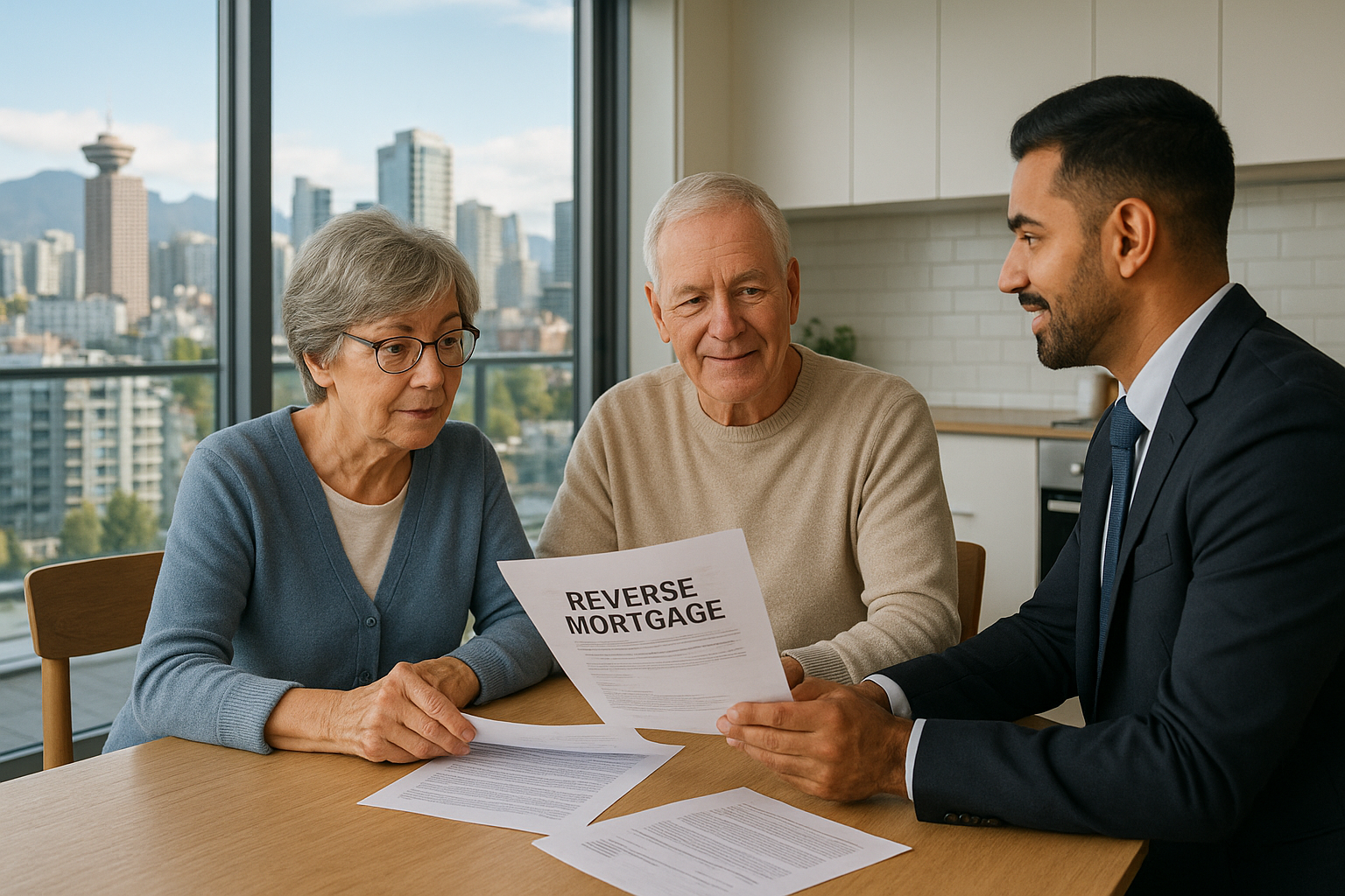 Vancouver homeowners discussing reverse mortgage options with a financial advisor